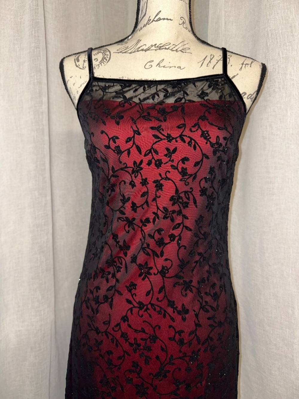 Vintage 90s y2k whimsigoth sheer red black floral velvet glitter maxi dress